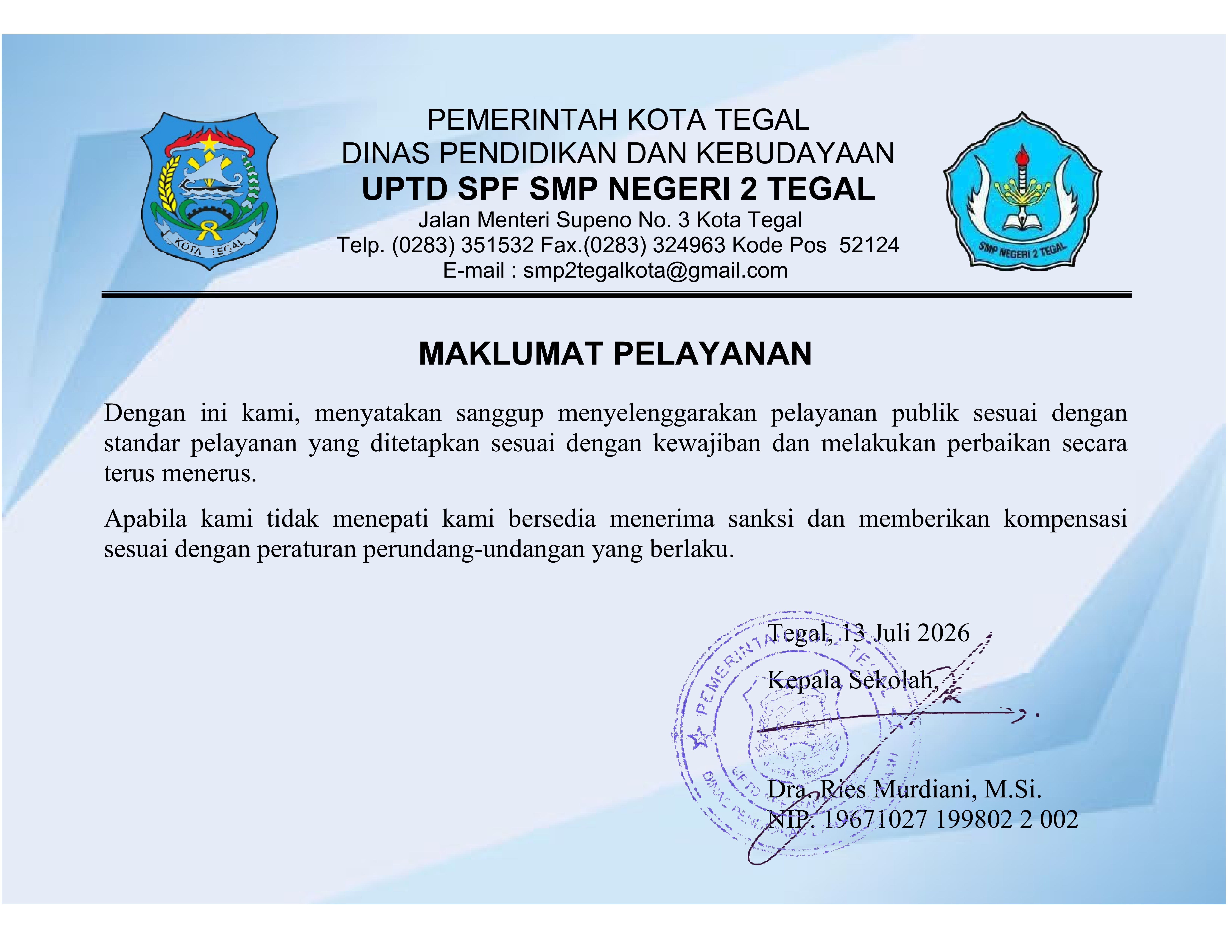 maklumat pelayanan smpn2tegal